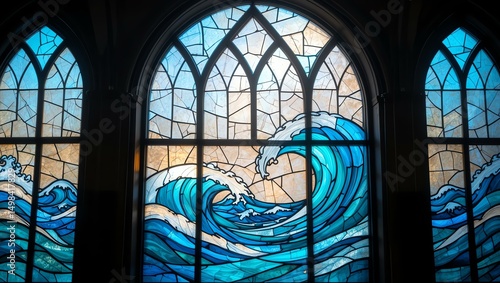 A stunning stained glass window depicting rolling ocean waves in vibrant blue tones, showcasing intricate craftsmanship.