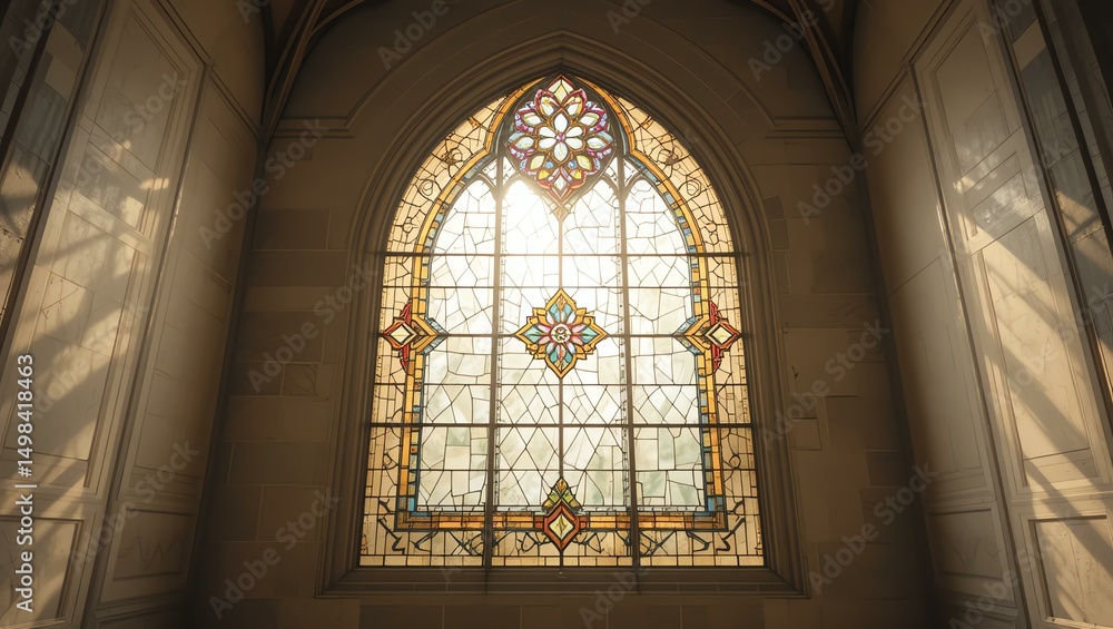 A stunning stained glass window illuminating the interior with colorful light and intricate designs. A stunning stained glass window illuminating the interior with colorful light and intricate designs.
