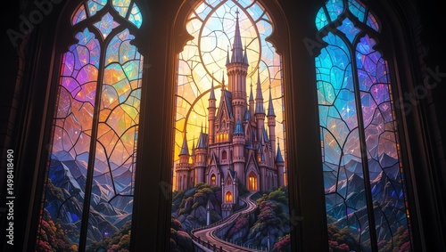 A stunning stained glass window showcasing a fantasy castle against a vibrant sunset.