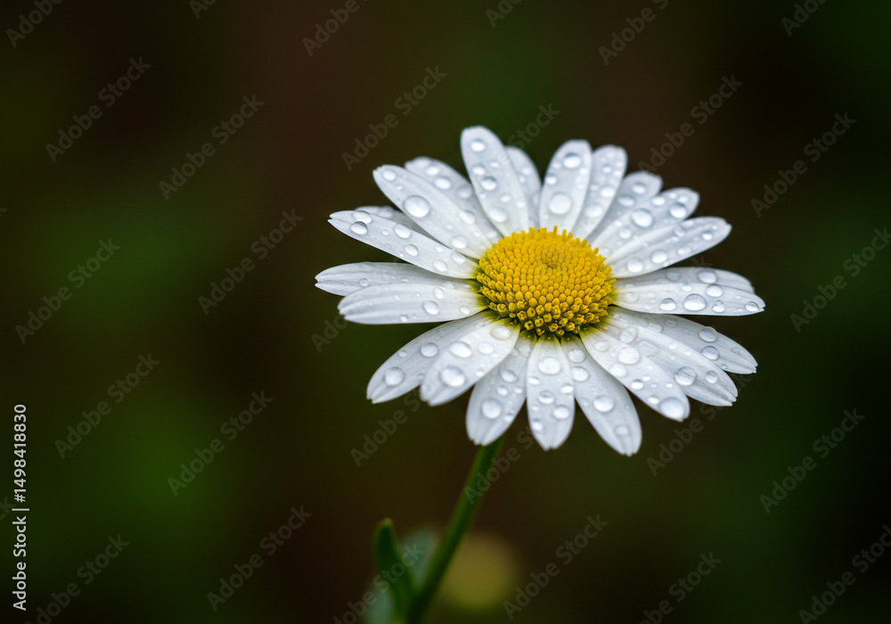 Fototapeta premium Daisy with Water Droplets Close-up in Dark Green Garden Setting