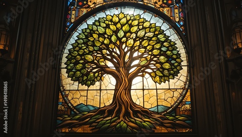 A vibrant stained glass window depicting a majestic tree, symbolizing life, growth, and nature's beauty.