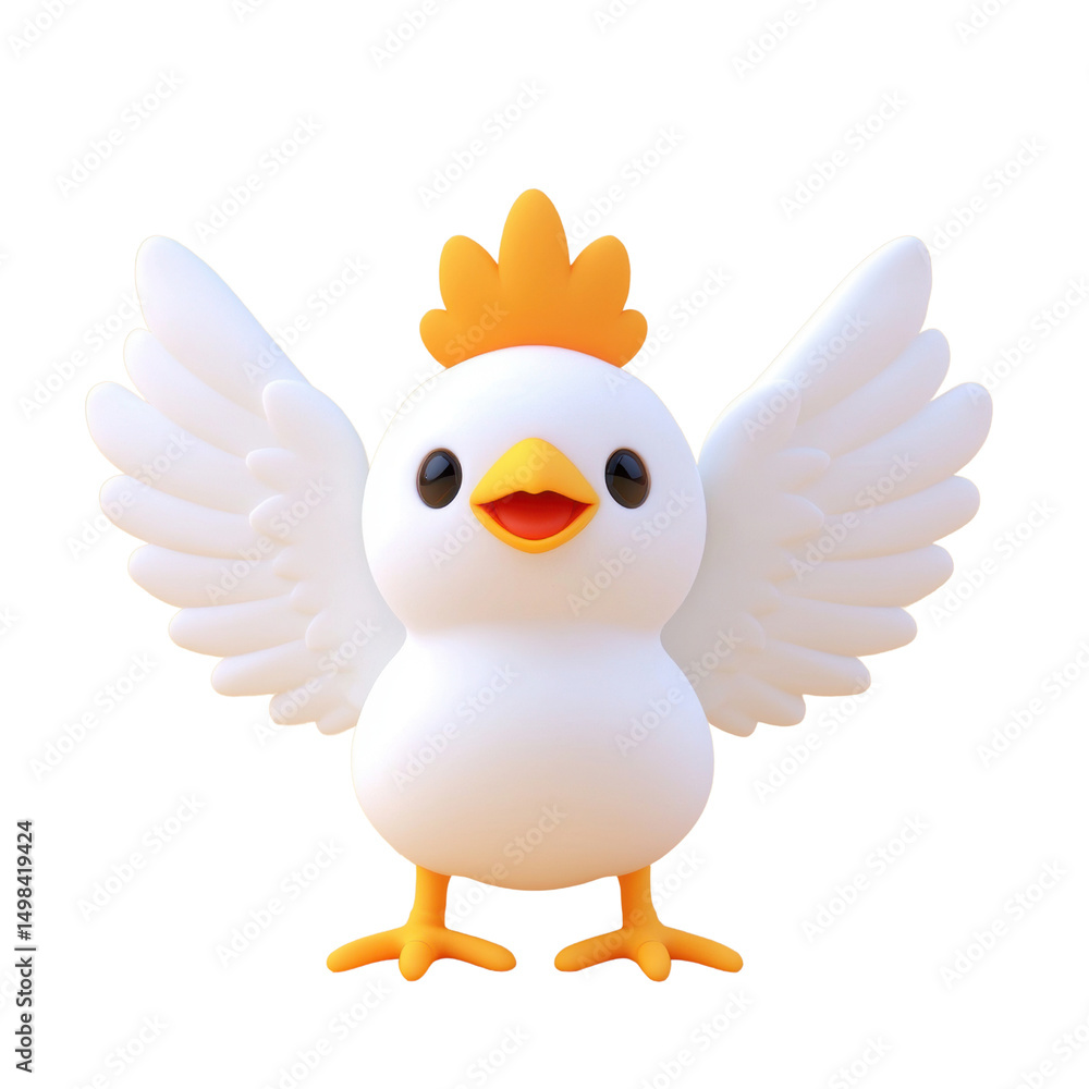 Fototapeta premium the image features a cartoonish bird with large, outstretched wings against a plain background. the bird has a plump, white body, a yellow beak, and a comb like structure atop its head