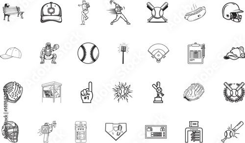 Baseball Vector ICONS ( Symbols ) in Black Outline Style | Baseball Icons, Sports App, Fan Website, Team Logo, Uniform Design, Training Manual, Poster Template, Game Invite