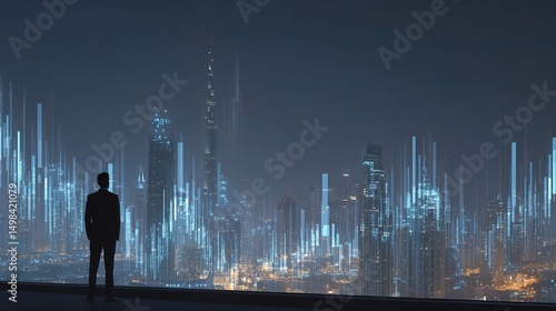 Investor Analyzing Market Data with Hologram Charts in Cityscape