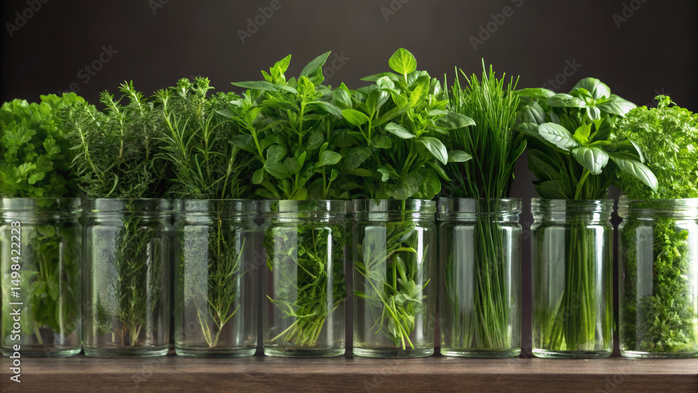 Obraz premium WFPB Diet concept ,Fresh herbs in glass jars create vibrant display of greenery, evoking sense of freshness and nature