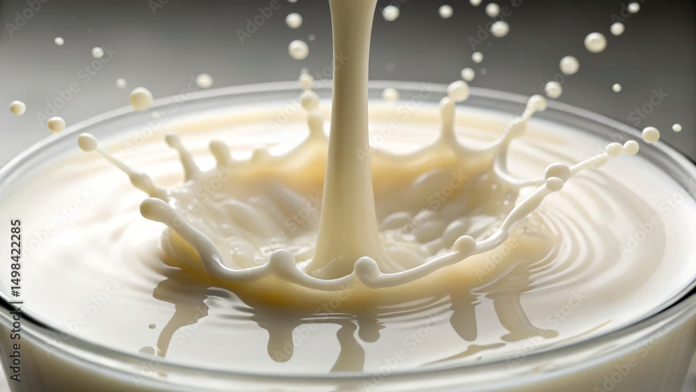 Creamy liquid splashes in glass bowl, creating dynamic droplets and ripples, evoking freshness and indulgence Creamy liquid splashes in glass bowl, creating dynamic droplets and ripples, evoking freshness and indulgence