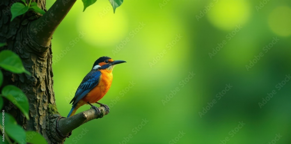 Fototapeta premium Brightly colored bird perched on a tree branch amidst lush greenery, flowers, nature, animal