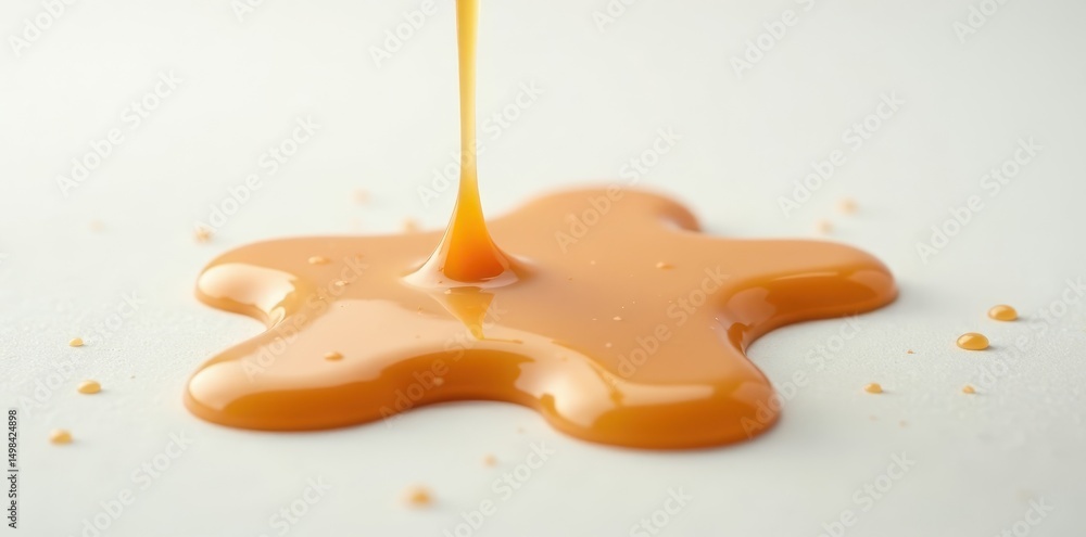 Fototapeta premium Caramel droplets fall gently onto a clean white surface creating a sticky mess, dessert spread, white surface, sticky situation