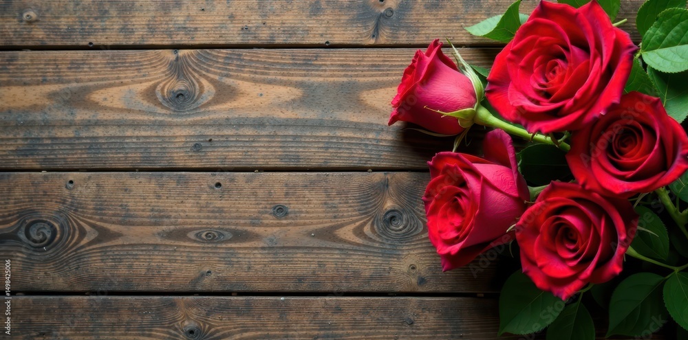 Close-up of wooden panel featuring a delicate arrangement of fresh red roses with some greenery and subtle wooden texture, wooden panel, greenery, botanical Close-up of wooden panel featuring a delicate arrangement of fresh red roses with some greenery and subtle wooden texture, wooden panel, greenery, botanical