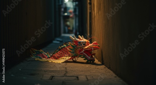 Colorful Dragon Kite Resting in Narrow Alleyway photo