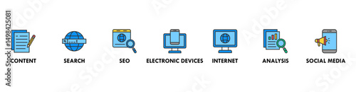 Digital marketing banner web icon vector illustration concept with icon of content, search, seo, electronic devices, internet, analysis and social media