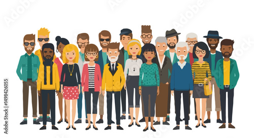 Vector Illustration of Diverse Crowd of Young and Elderly People in Trendy Hipster Clothes Standing Together
