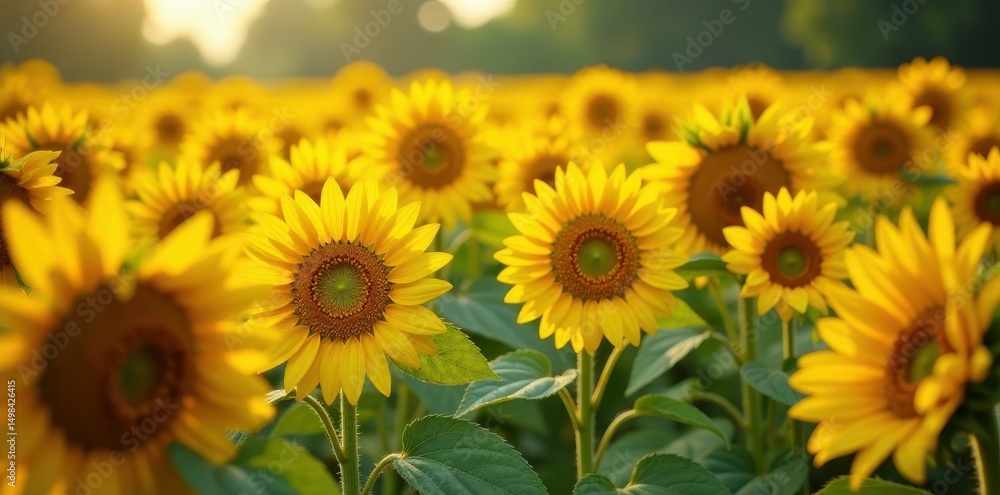 Obraz premium Row upon row of bright orange and yellow sunflowers swaying gently in breeze , colorful, countryside, flowers