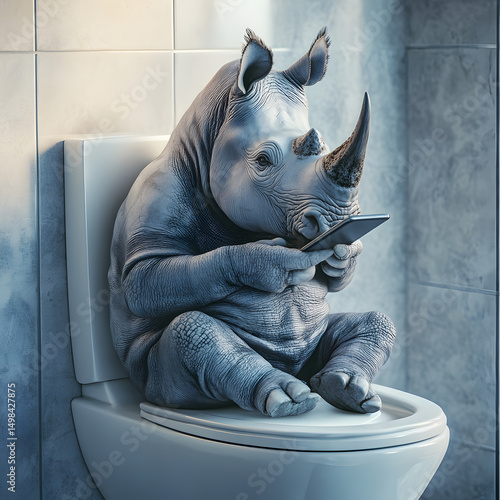 A rhino is sitting on a toilet and holding a cell phone