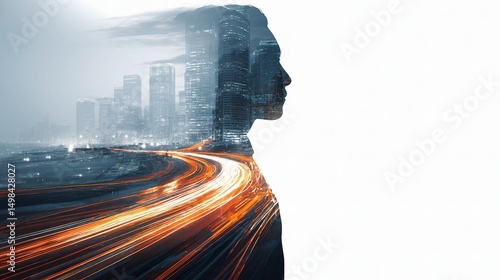 Artistic Side Profile with Cityscape and Motion Blur Background