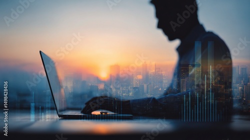 Executive Working with Digital Charts Overlying a Cityscape at Dusk