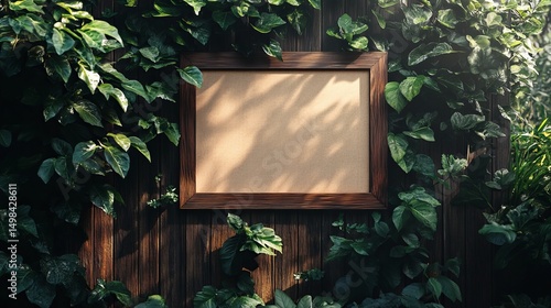 Fototapeta Naklejka Na Ścianę i Meble -  Rustic Wooden Frame Mockup Nature Background Lush Green Leaves Summer Tropical Foliage Vintage Brown Wood Wall Blank Canvas Empty Space Advertising Design Template Perfect for     