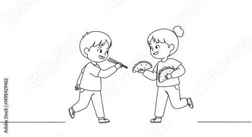 Sharing Tacos Illustration of Two Kids Eating