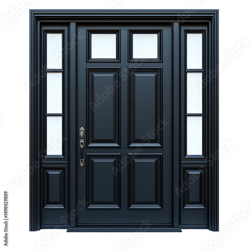 a modern, black double door front door set against a white background. the doors are designed with large rectangular glass panels flanking both sides of the central wooden portion