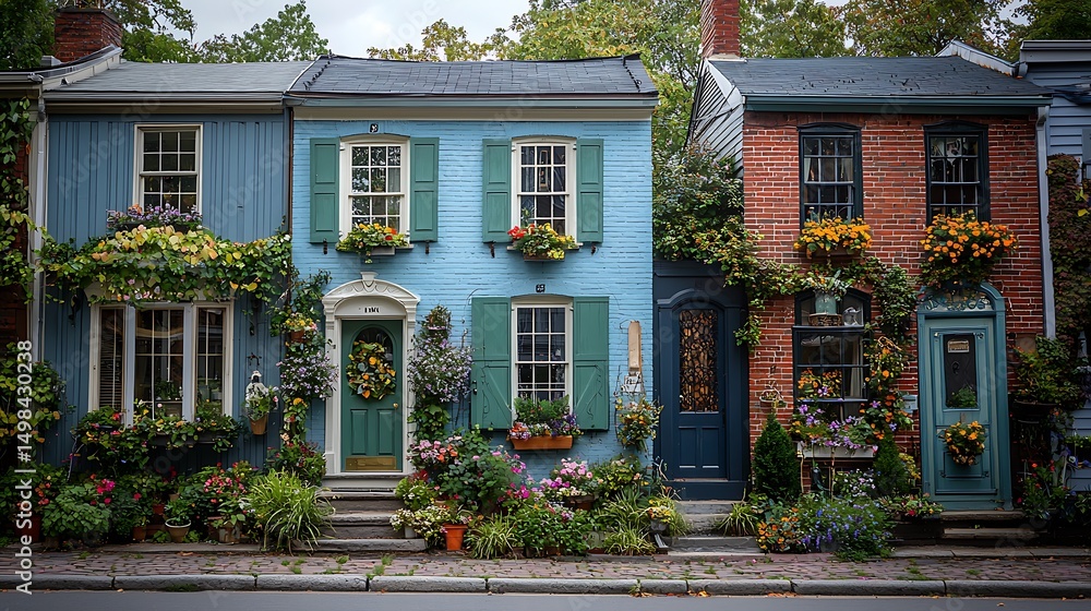 Fototapeta premium Charming row of colorful houses adorned with flowers and greenery in a picturesque neighborhood