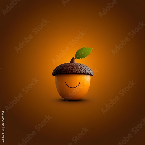 Cheerful acorn character with a smiling face and green leaf on a warm orange background