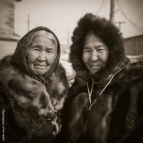 Portrait of Two Elderly Indigenous Women in Traditional Fur Clothing.
