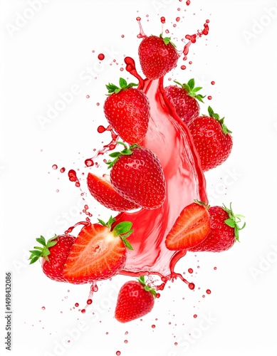 Fresh Strawberries Bursting with Juice in Mid-Air on Isolated White Background Composition