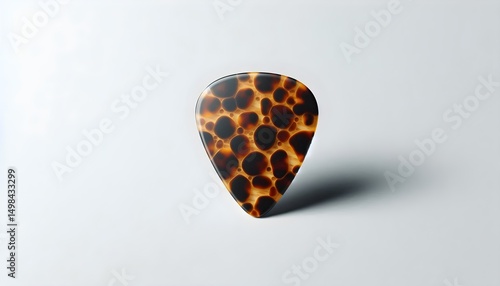 Isolated guitar pick in teardrop shape with natural tortoiseshell texture on bright white surface