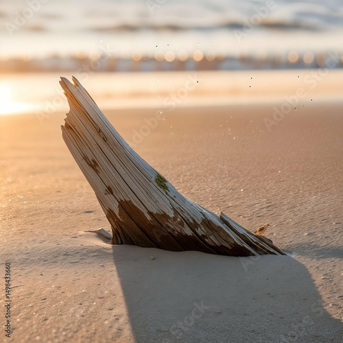 A weathered driftwood log partially buried in the sand on a beach, waves crashing in the background, warm sunlight casting shadows
