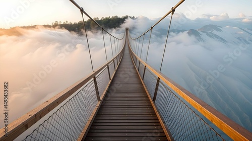 A long wooden suspension bridge with wooden cables stretching into the distance, surrounded by lush green trees and mountains under a hazy sky