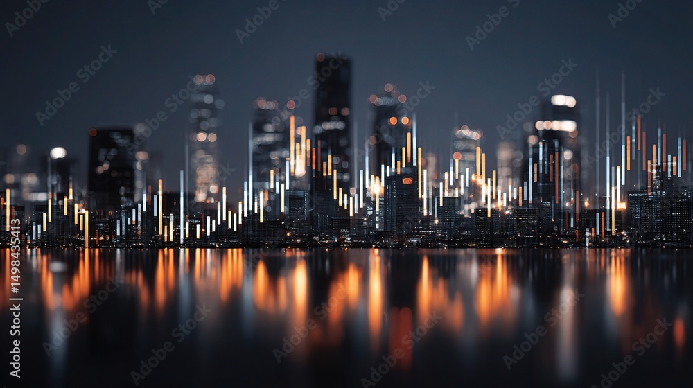Fototapeta premium Dark Financial Charts Overlay on Cityscape at Night in Modern Style