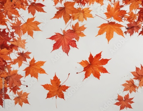 Vibrant red and orange maple leaves falling against a pure white backdrop , yellow, crisp, single