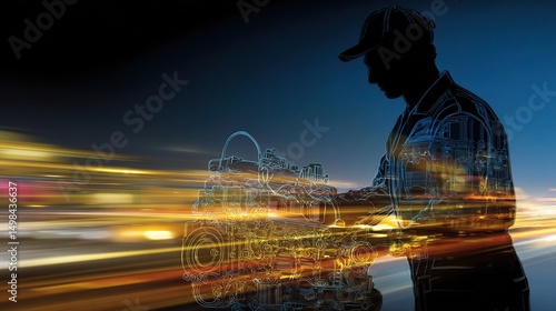 Silhouette of Auto Technician Working with Engine in Motion Blur