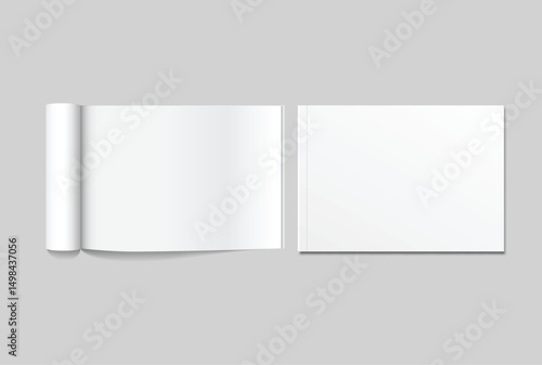 Vector 3d Magazine blank cover with rolled white paper pages mockup isolated on background. Folded sheets for the business presentation, journal, notebook, booklet, brochure, catalogue or a publisher
