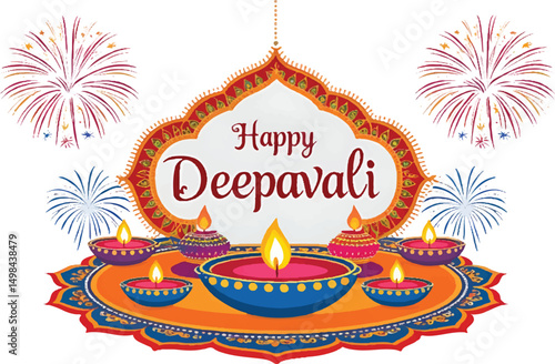 Happy Diwali Greeting with Fireworks and Diyas