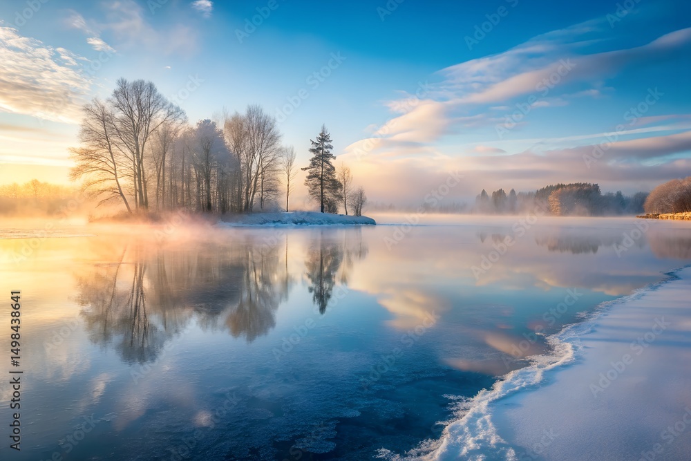 Fototapeta premium Serene winter sunrise over misty lake with beautiful reflection of snow-covered trees and peaceful natural scenery