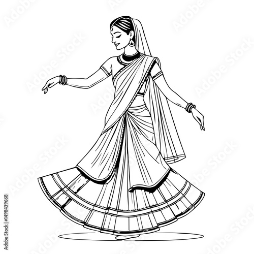 Graceful Indian Woman Performing Classical Dance – Traditional Saree Line Drawing