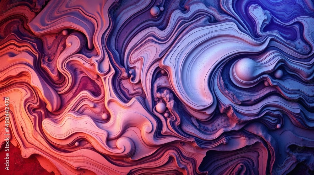 Fototapeta premium Abstract red and blue seamless pattern with swirling water wave lines and decorative light curves textile or wallpaper design.