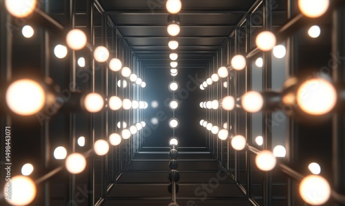 Illuminated corridor, glowing bulbs, dark background,  modern design, abstract art