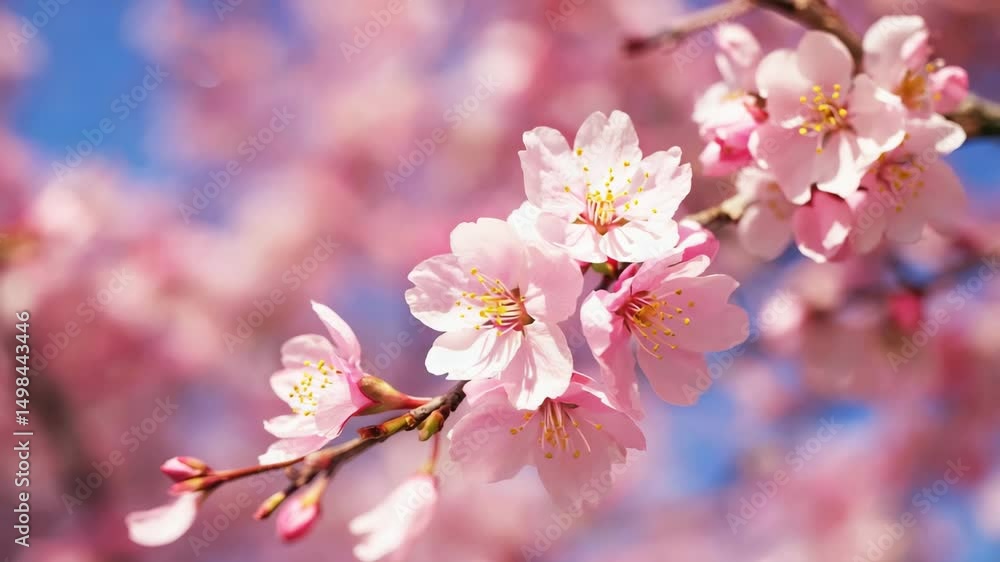 Cherry blossoms in full bloom with soft pink petals falling against clear blue sky on a sunny spring day Cherry blossoms in full bloom with soft pink petals falling against clear blue sky on a sunny spring day