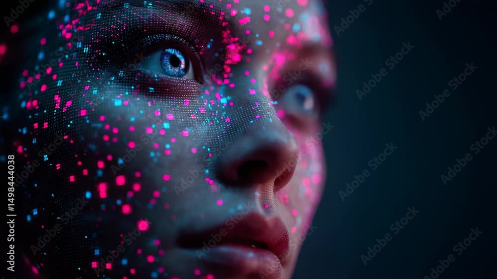 Closeup portrait person face glowing dots abstract art Closeup portrait person face glowing dots abstract art
