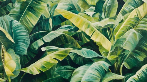 A vibrant painting of lush banana leaves.