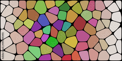Colorful abstract pattern of irregular shapes outlined by black lines, resembling a vibrant mosaic or stained glass artwork.


