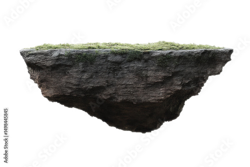 Floating mossy rock in dark space: natural, isolated, mystical stone fragment, cut out