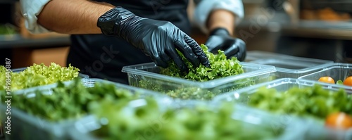 Chef prepares lettuce, kitchen background