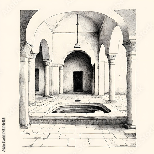 Detailed Hand-drawn Sketch Gasim bey Bath Hamams Architecture Artwork