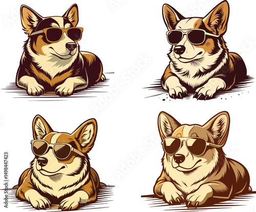 Corgis wearing sunglasses lounging stylishly vector illustration