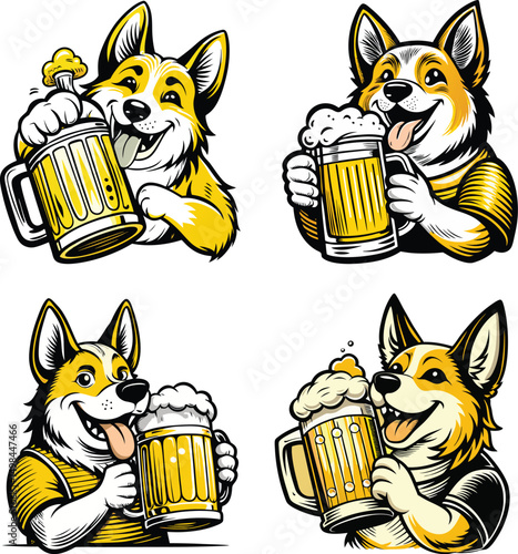 Happy corgis enjoying beer mugs frothy beer fun times vector illustration, cartoon corgis holding beer mugs