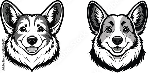 Two happy corgi dog heads in black and white silhouette vector illustration, A stylized illustration featuring two adorable corgi dog faces in a monochrome palette