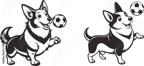 Two happy corgi dogs playing soccer balls a cute black and white silhouette vector illustration, An illustration featuring two dogs playfully interacting with soccer balls